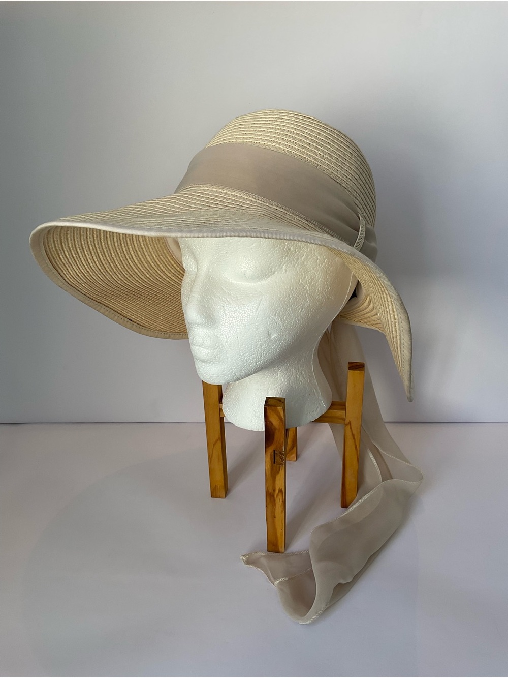 Milani Cream Wide-Brim Straw Sun Hat with Sheer Beige Scarf Hatband